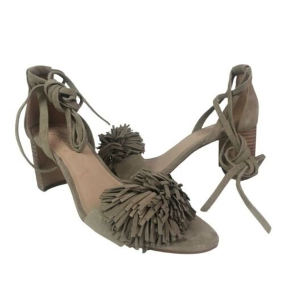 MADEWELL Lainy Sandals Ankle Wrap block heel  Clay Taupe Suede Pom Fringe Shoes - Picture 3 of 10